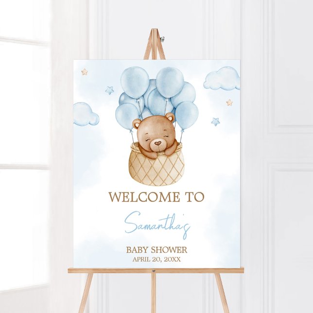 Poster Podemos Esperar o Ar Quente, Bebê (Blue Teddy Baby Bear Baby Shower Welcome Sign)