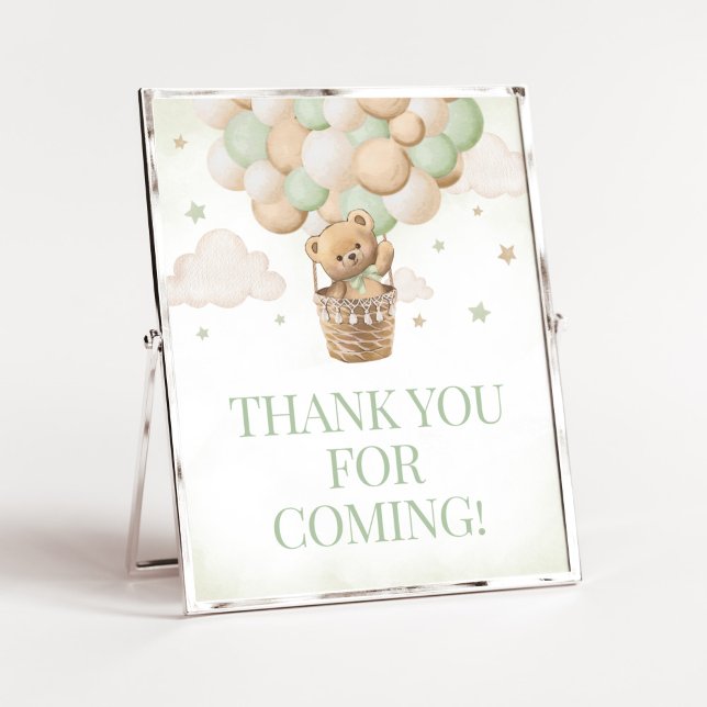 Poster Podemos Esperar um Urso Verde Obrigado por vir (Boho Green Teddy Bear Baby Shower Thank you for Coming Sign)