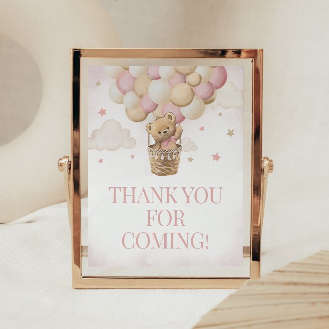 Poster Podemos Esperar Urso Rosa Obrigado por vir (Girl Teddy Bear Balloon Baby Shower Thank you for Coming Sign)