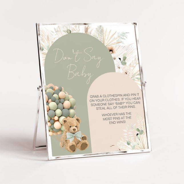 Poster Podemos esperar verde Não diga amor (Green Boho Teddy Bear Baby Shower Don't Say Baby Sign)