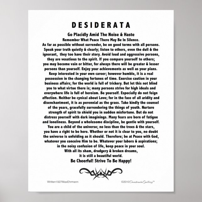 Poster Poema de Desiderata Motivacional por Max Ehrmann (Frente)