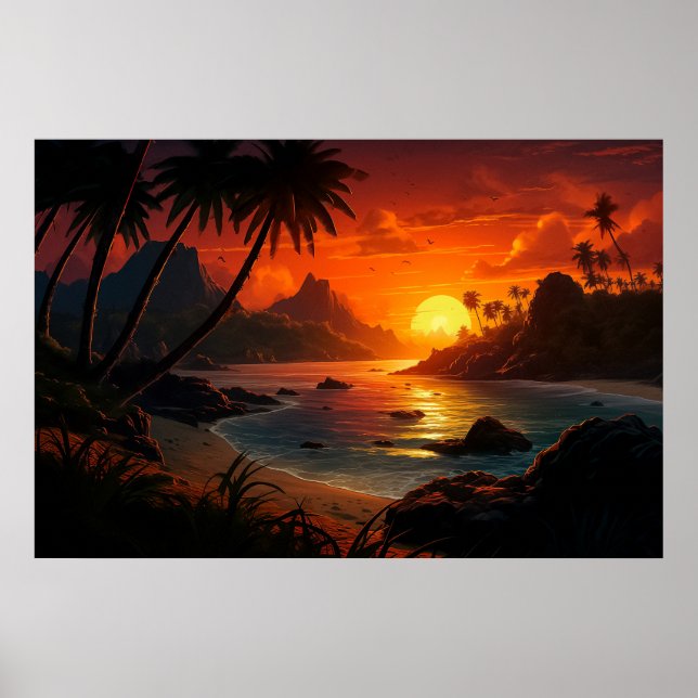 Poster Poético Sunset na Ilustração de Praia Tropical (Frente)