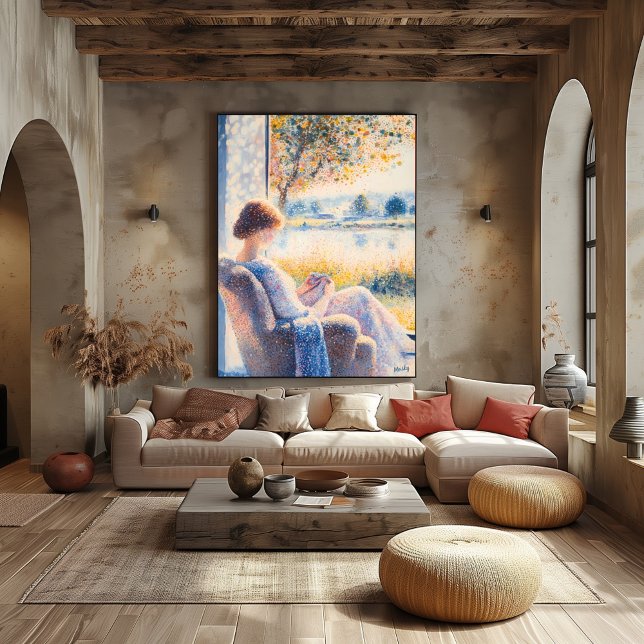 Poster Pointilismo Mulher por Janela com Vista Sunlit (Criador carregado)