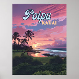 Poster Poipu Kauai Hawaii Beach Palm Trees Retro