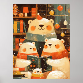 Poster Polar Bear Family Reading Together on Christmas