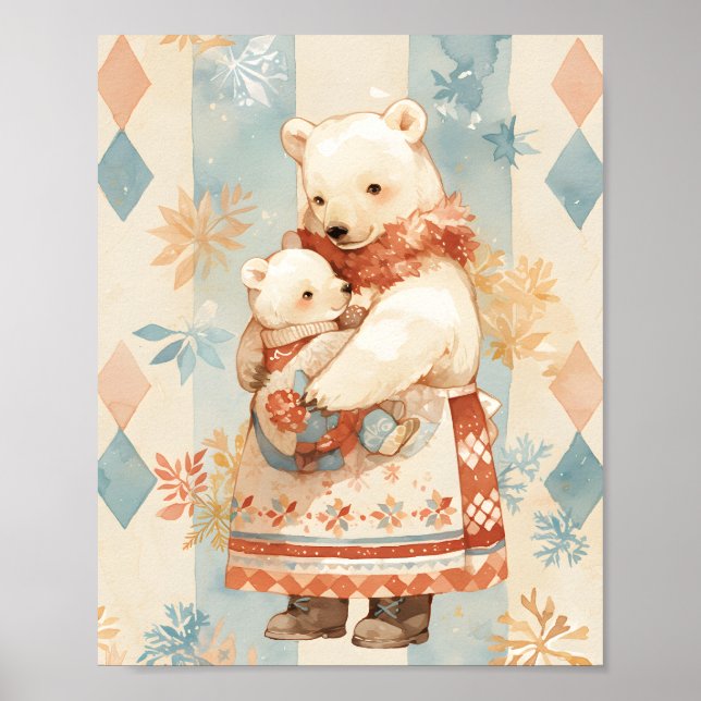 Poster Polar Bear Mother and Cub Winter Attire Nursery (Frente)