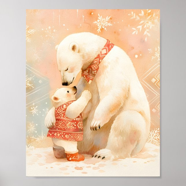 Poster Polar Bear Parent and Cub Winter Embrace Nursery (Frente)