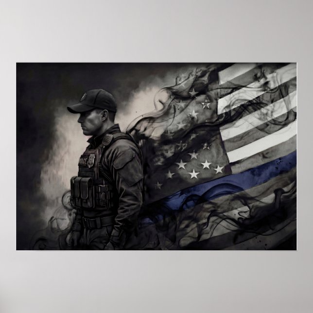 Poster Police Officer Tribute Blue Line American Flag Art (Frente)