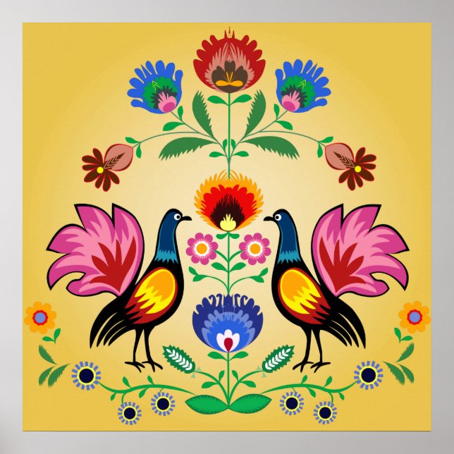Pôster Polonês com Floral e Cockerels Decorativos (Frente)