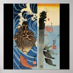 Poster Polvo e peixes japoneses C. 1800's (Japão)