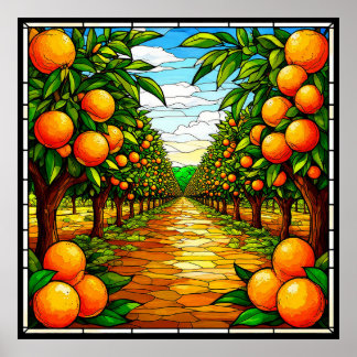 Poster Pomar-de-laranja vibrante sob um céu azul brilhant