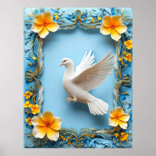 Poster Pomba Branca em Moldura Azul Ornamentada
