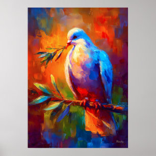 Poster Pomba Colorida Impressionista da Paz com Ramo de O