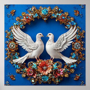 Poster Pombas de casamento Símbolo de Amor Floral Romance