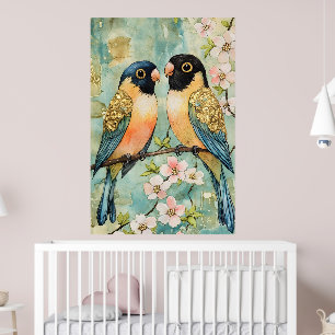 Poster pombinhos a pousar num ramo florido.