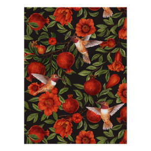 Pôster Pomegranatos e beija-flores/folhas verdes em preto