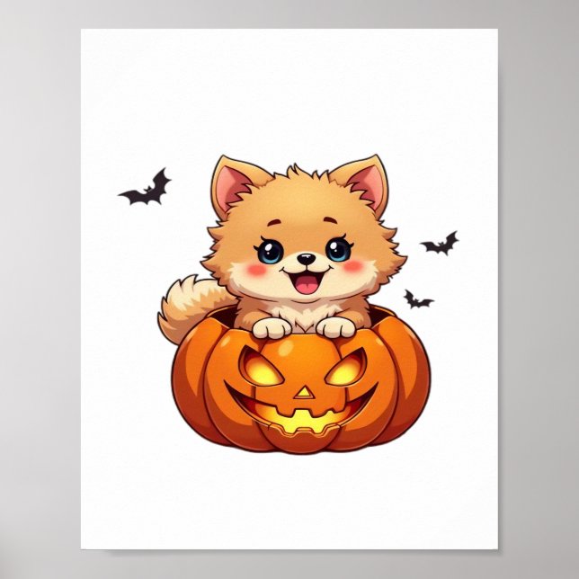 Poster Pomerânia cão Feliz Halloween Bompkin Clássico T-S (Frente)