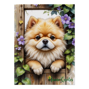Pôster Pomerânia Espiando por uma Porta de Madeira