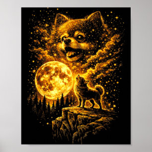 Poster Pomerânia uivando para a lua vintage 90s engraçado