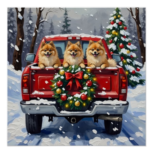 Pôster Pomeranian Christmas Red Truck Holiday Gift (Frente)
