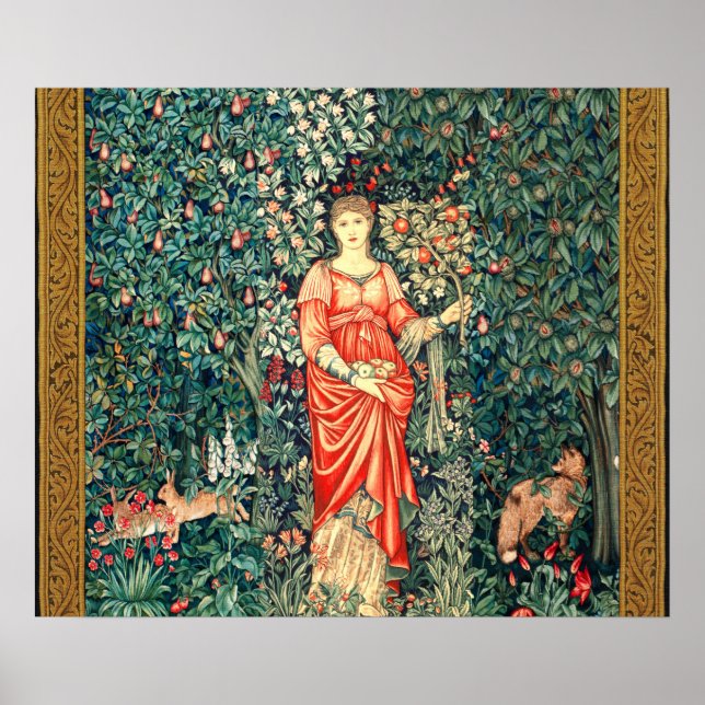 POSTER POMONA HOLDING FRUITS IN GREENERY, FOREST ANIMALS  (Frente)