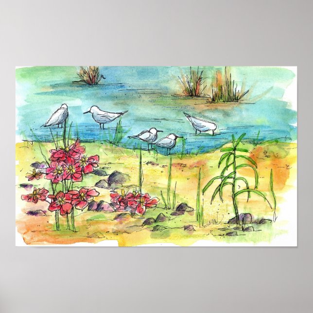 Poster Pond Birds Watercolor Painting Nature Art (Frente)