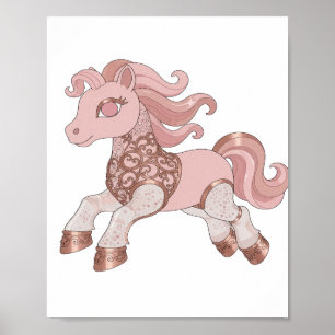 Poster Pônei Prateado da Moda em ROSA e OURO ROSA