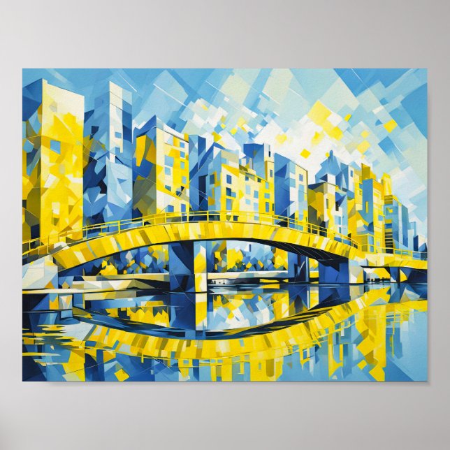 Poster Ponte amarela Cubist sobre o rio (Frente)