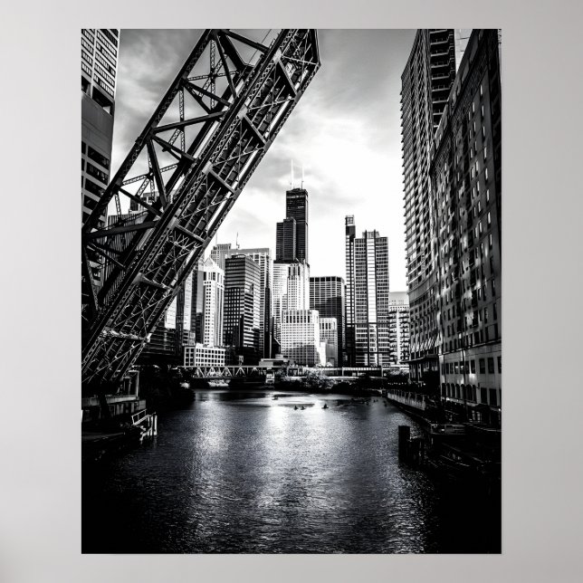 Poster Ponte Black and White da rua Kinzie Chicago (Frente)