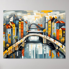 Poster Ponte Cubista Snowy Sobre Cidade Refletida