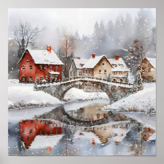 Poster Ponte da Aldeia de Inverno Aconchegante Natal em A