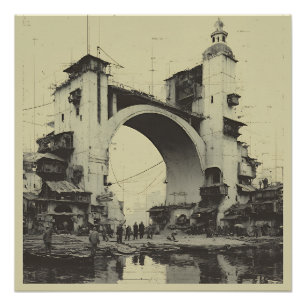 Pôster Ponte de Arco Sepia Antiga Mercado do Rio