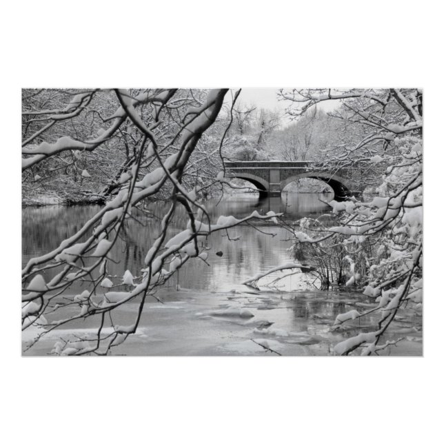 Pôster Ponte de arco sobre rio congelado no inverno (Frente)