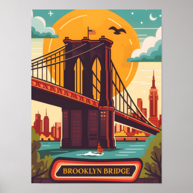 Poster Ponte de Brooklyn Manhattan NYC Viagem Retro (Frente)