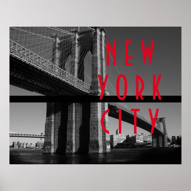 Pôster Ponte de Brooklyn Preto Branco Vermelho Nova York (Frente)