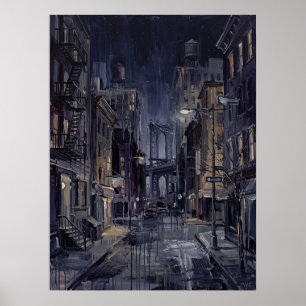 Poster Ponte de Manhattan à Noite com Rua Molhada