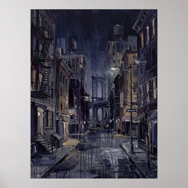 Poster Ponte de Manhattan à Noite com Rua Molhada (Frente)