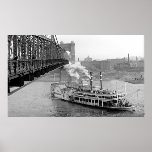Pôster Ponte de suspensão Cincinnati e Steamboat 1906 BW (Frente)