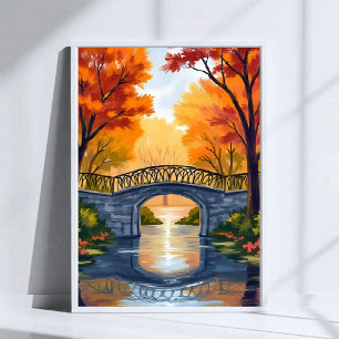 Poster Ponte do Parque de Outono Aquarela de Folhagem d