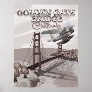 Pôster Ponte Golden Gate cartoon de viagem em sépia