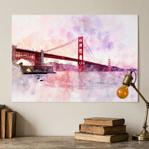 Poster Ponte Golden Gate em Aquarela ao Pôr do Sol