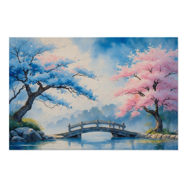 Pôster Ponte Serene Japonesa com Cherry Blossoms Painti (Frente)