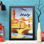 Pôster Ponte viagens vintage Florence Firenze Itália<br><div class="desc">Vintage - Vintage - Etiqueta europeia de poster de viagens ou bagagem de Florença, Firenze, Itália, com a torre de relógio do Palazzo Vecchio (Câmara Municipal) e um avião a voar no céu. Um homem está remando um barco debaixo de uma ponte num canal. A bela arquitetura dos prédios da...</div>