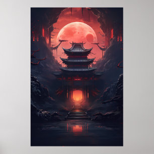 Poster Ponte Yin e Yang e Templo em Cyberpunk Neon