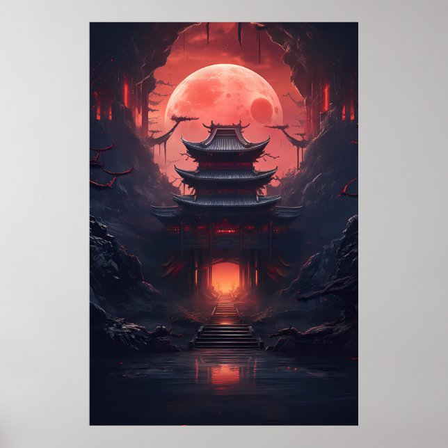Poster Ponte Yin e Yang e Templo em Cyberpunk Neon (Frente)
