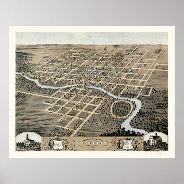 Poster Pontiac, Mapa Panorâmico do IL - 1869 (Frente)