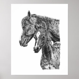 Poster Pontoilismo de Égua e Potro Cavalo Arte Fina Equin