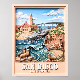 Poster Pontos Turísticos de San Diego Califórnia em Textu