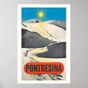Poster Pontresina Suíça Cartaz de Esqui Antigo
