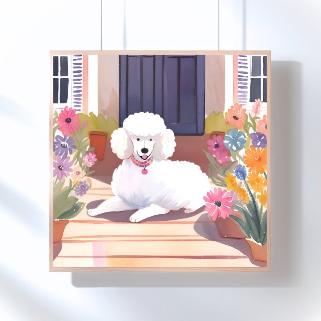 Poster Poodle Branco | Flores Aquarela de Cachorro Animal (Criador carregado)
